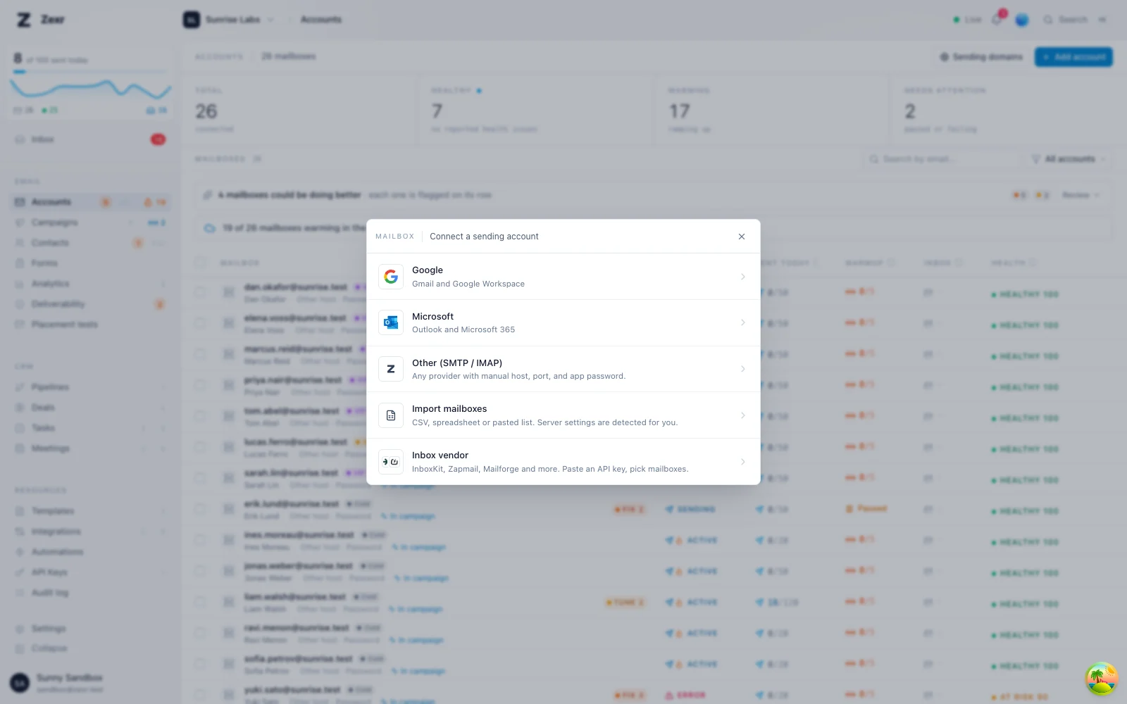 Add account: Google, Microsoft, any SMTP and IMAP host, a file import, or an inbox vendor