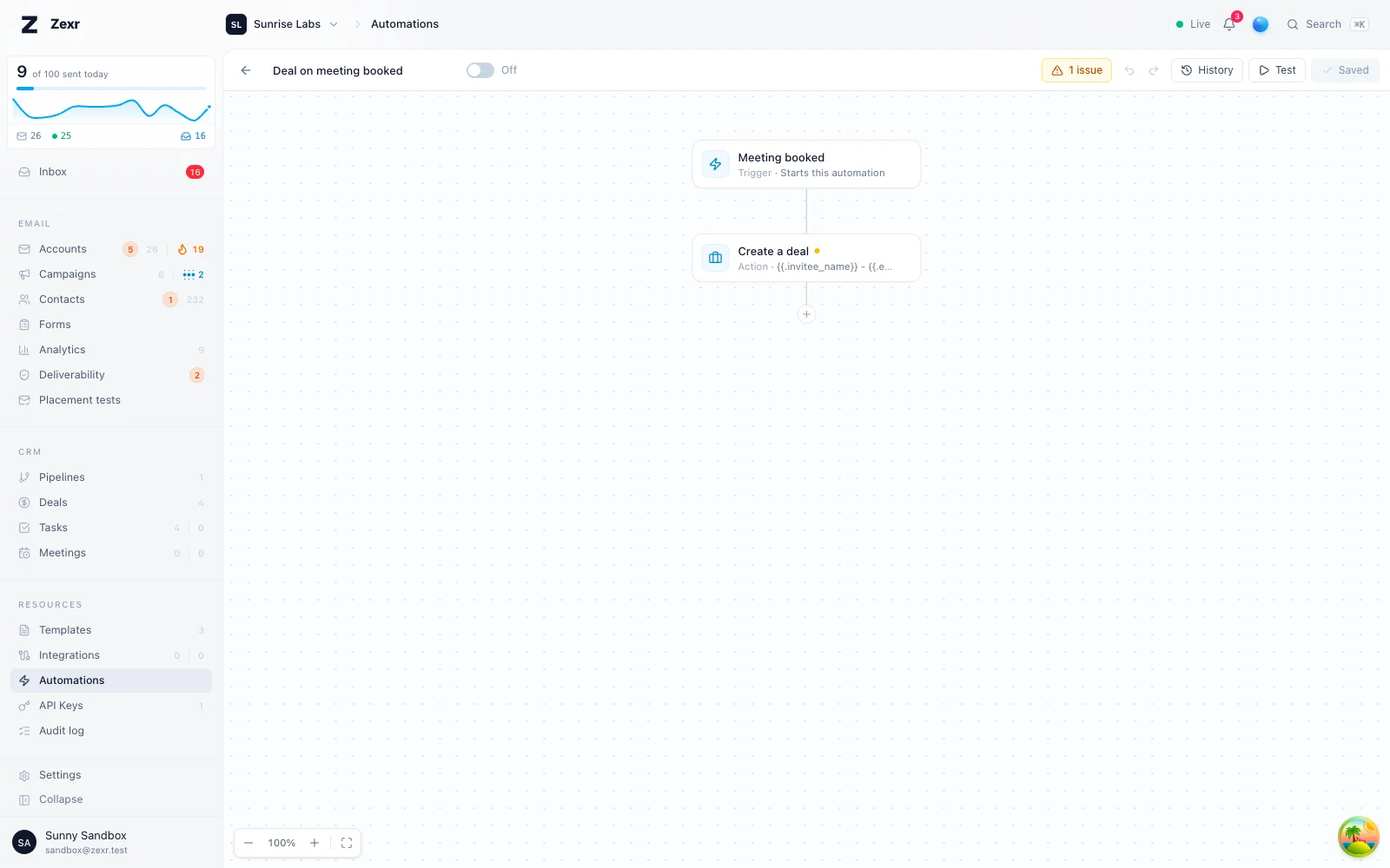 An automation in the builder: a reply trigger, an If / else on intent, then a deal and a task on the Yes branch
