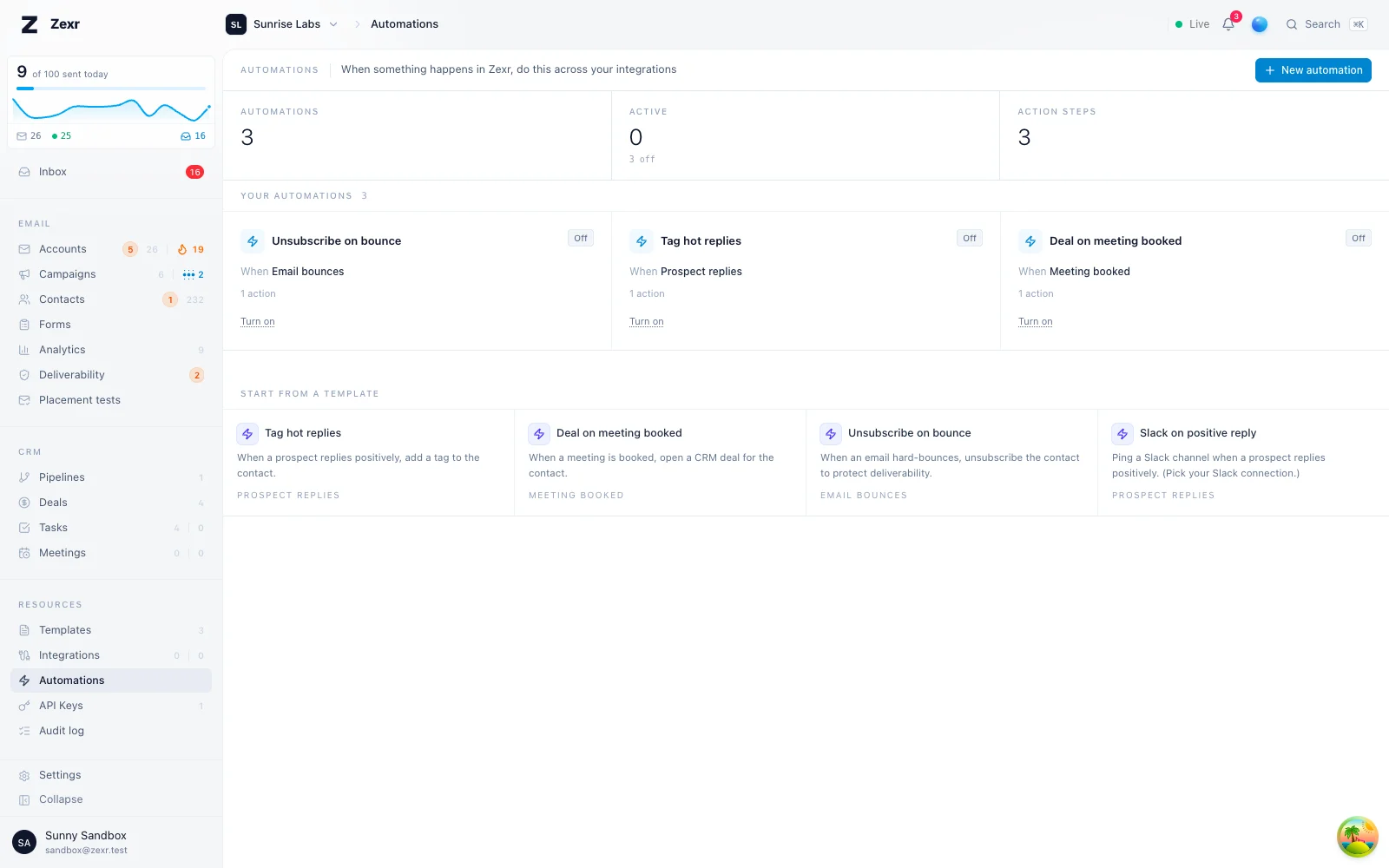 The automations list, with starting templates underneath