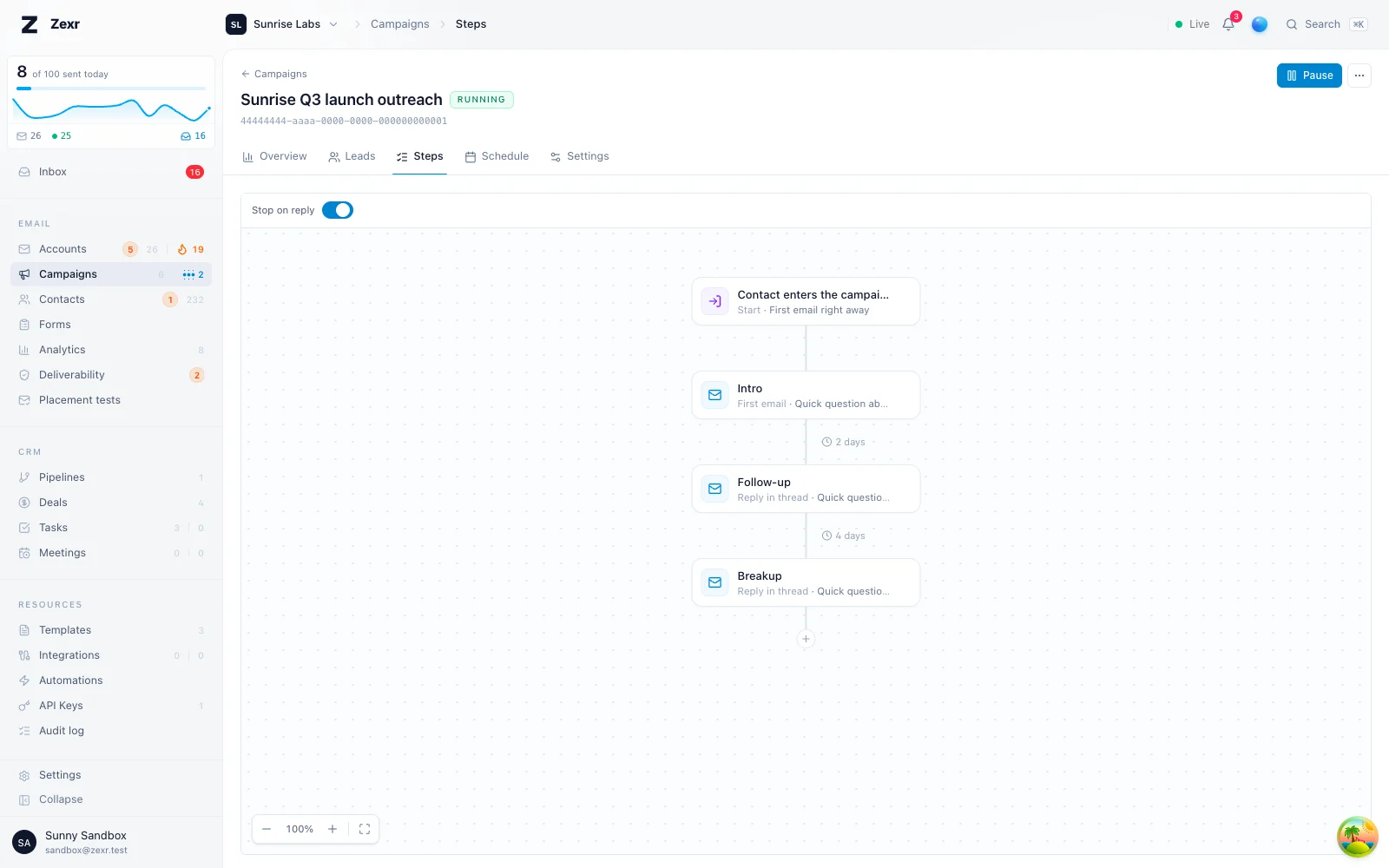 The Steps canvas: the first email, then follow-ups that reply in the same thread, each with its wait on the line